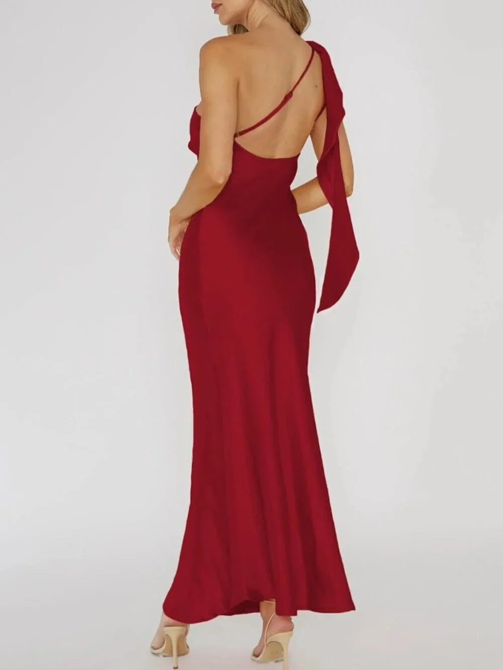 Women's Burgundy Summer Silk Formal Elegant Sleeveless ONE Shoulder Maxi Dress